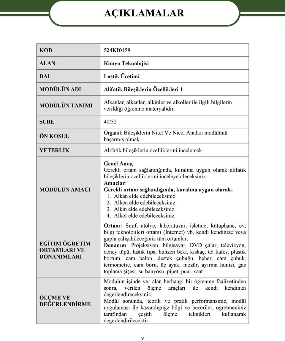 SÜRE 40/32 ÖN KOŞUL YETERLİK MODÜLÜN AMACI EĞİTİM ÖĞRETİM ORTAMLARI VE DONANIMLARI ÖLÇME VE DEĞERLENDİRME Organik Bileşiklerin Nitel Ve Nicel Analizi modülünü başarmış olmak Alifatik bileşiklerin