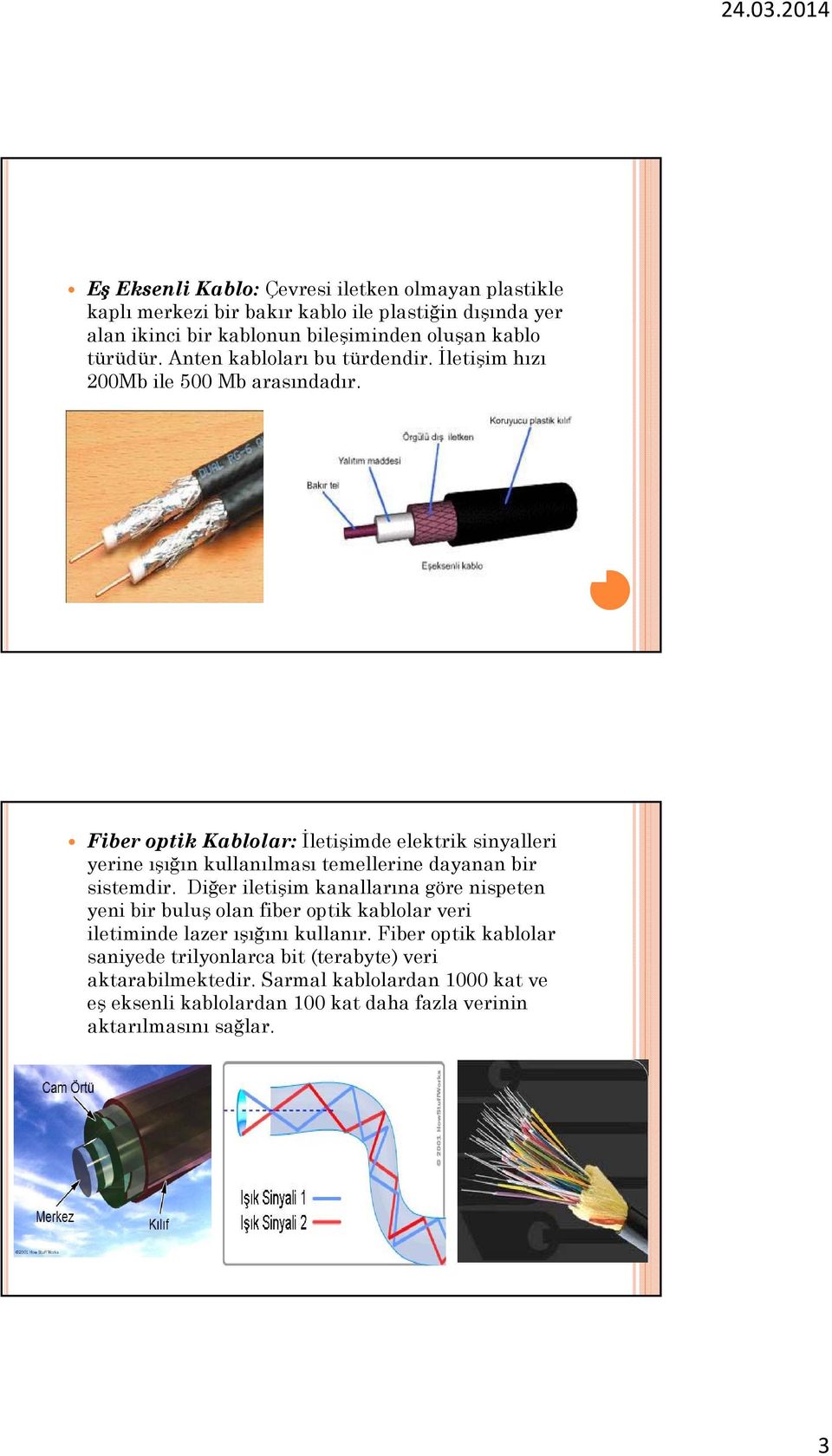 Fiber optik Kablolar: İletişimde elektrik sinyalleri yerine ışığın kullanılması temellerine dayanan bir sistemdir.