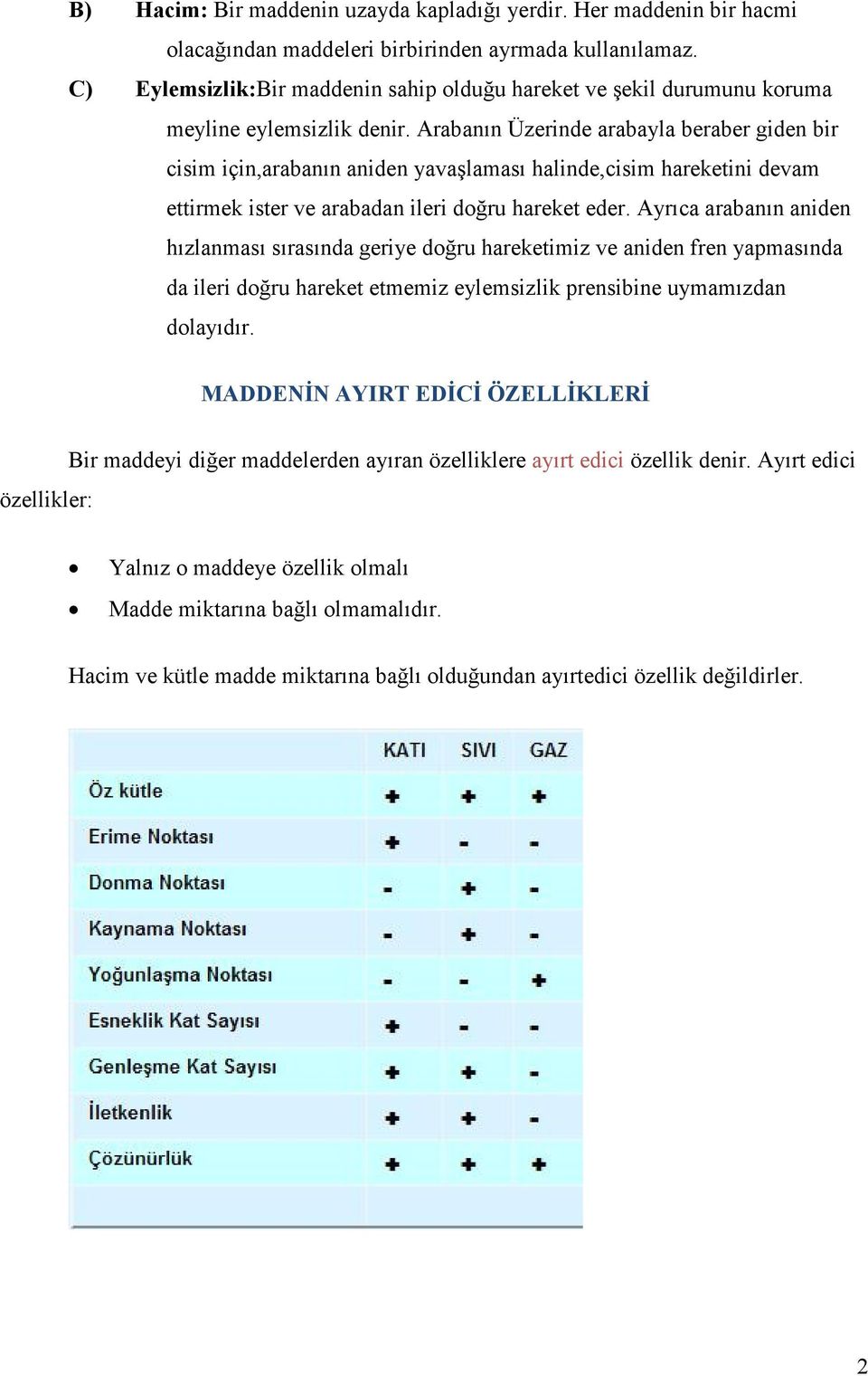 Arabanın Üzerinde arabayla beraber giden bir cisim için,arabanın aniden yavaşlaması halinde,cisim hareketini devam ettirmek ister ve arabadan ileri doğru hareket eder.