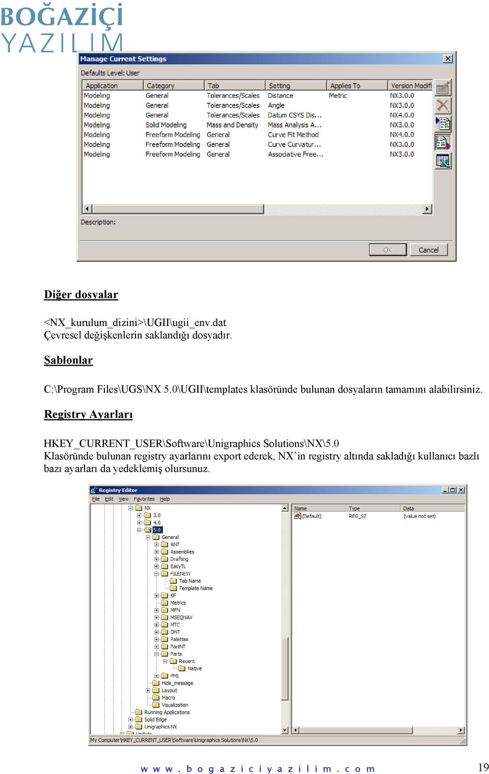 Registry Ayarları HKEY_CURRENT_USER\Software\Unigraphics Solutions\NX\5.