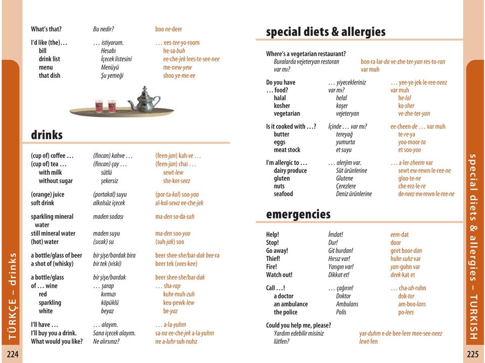 kah ve (cup of) tea (fincan) çay (feen jan) chai with milk sütlü sewt lew without sugar şekersiz she ker seez (orange) juice (portakal) suyu (por ta kal) soo yoo soft drink alkolsüz içecek al kol