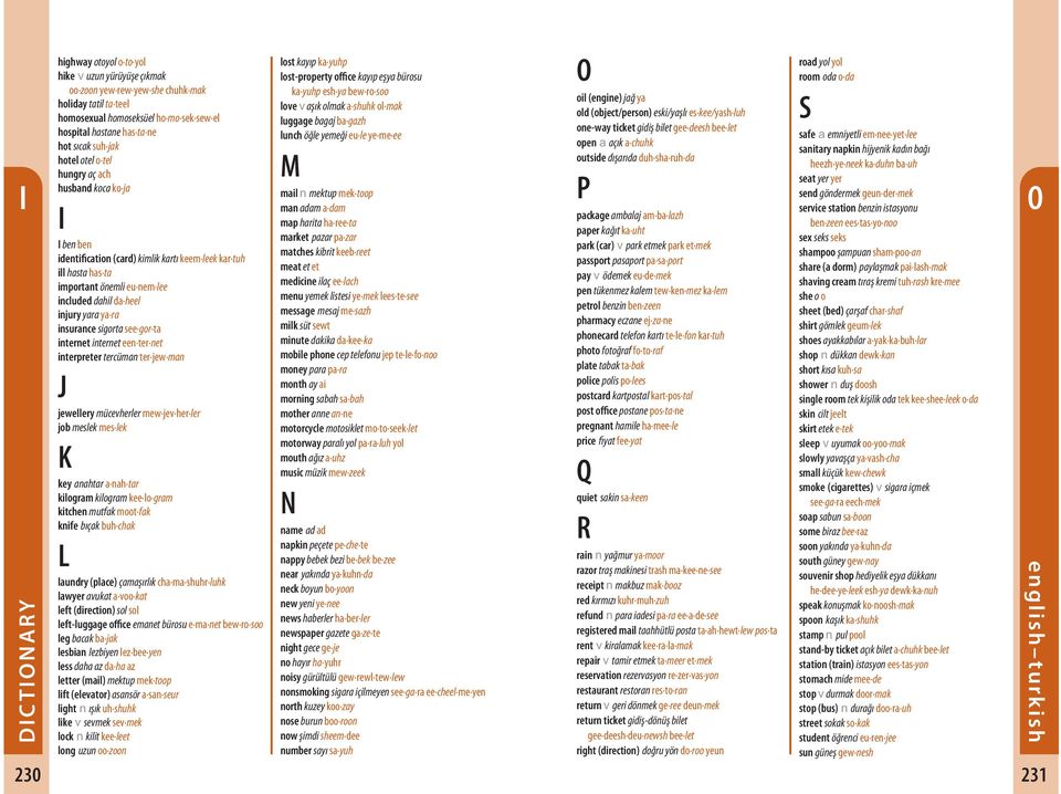ya ra insurance sigorta see gor ta internet internet een ter net interpreter tercüman ter jew man J jewellery mücevherler mew jev her ler job meslek mes lek K key anahtar a nah tar kilogram kilogram