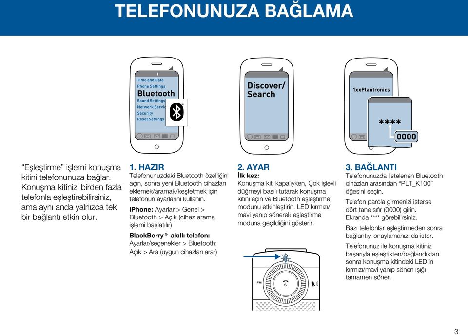 iphone: Ayarlar > Genel > Bluetooth > Açık (cihaz arama işlemi başlatılır) BlackBerry akıllı telefon: Ayarlar/seçenekler > Bluetooth: Açık > Ara (uygun cihazları arar) 2.