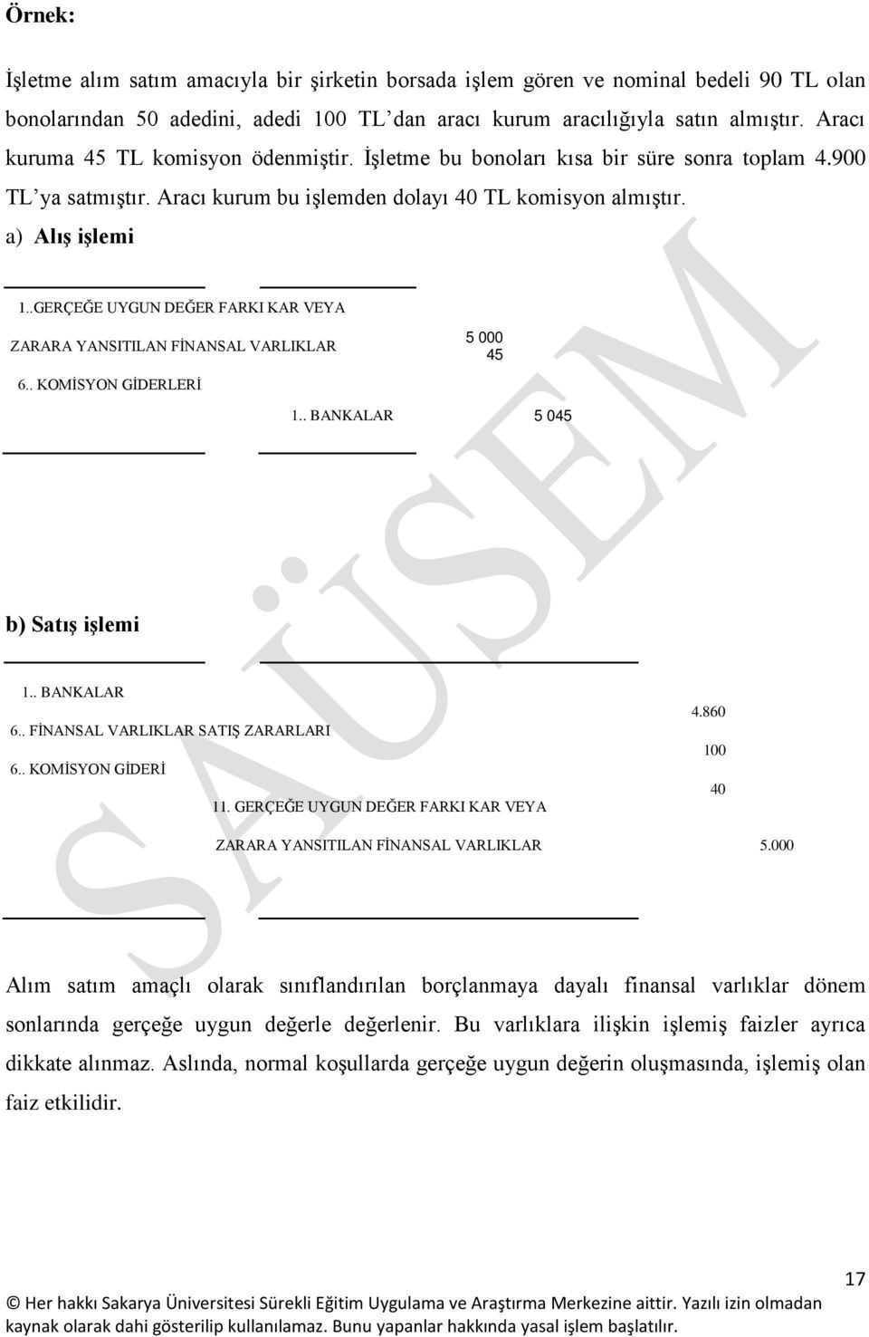 .GERÇEĞE UYGUN DEĞER FARKI KAR VEYA ZARARA YANSITILAN FİNANSAL VARLIKLAR 6.. KOMİSYON GİDERLERİ 5 000 45 1.. BANKALAR 5 045 b) Satış işlemi 1.. BANKALAR 6.. FİNANSAL VARLIKLAR SATIŞ ZARARLARI 6.