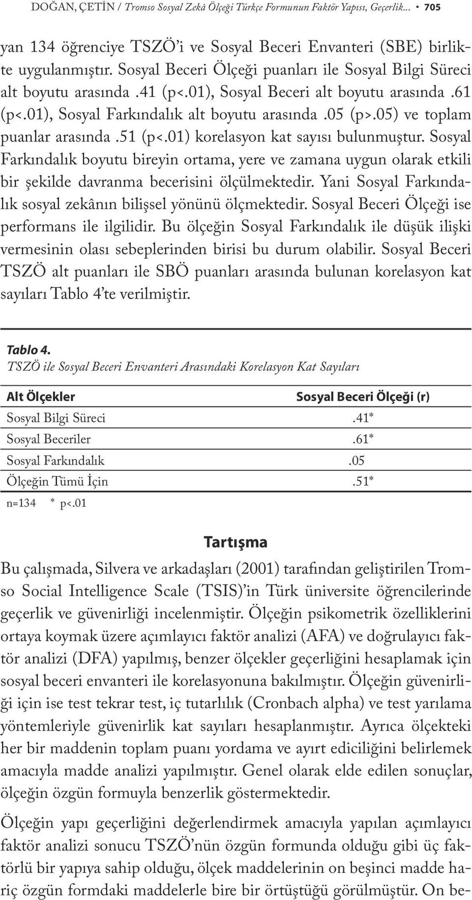 05) ve toplam puanlar arasında.51 (p<.01) korelasyon kat sayısı bulunmuştur. Sosyal Farkındalık boyutu bireyin ortama, yere ve zamana uygun olarak etkili bir şekilde davranma becerisini ölçülmektedir.