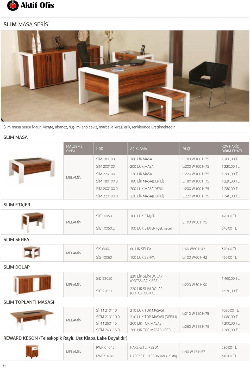 D 200 LÜK MASA(DERİLİ) L:200 W:100 H:75 1.280,00 TL SİM 220100.D 220 LİK MASA(DERİLİ) L:220 W:100 H:75 1.340,00 TL SLIM ETAJER SİE 10050 100 LÜK ETAJER 420,00 TL L:100 W:50 H:75 SİE 10050.