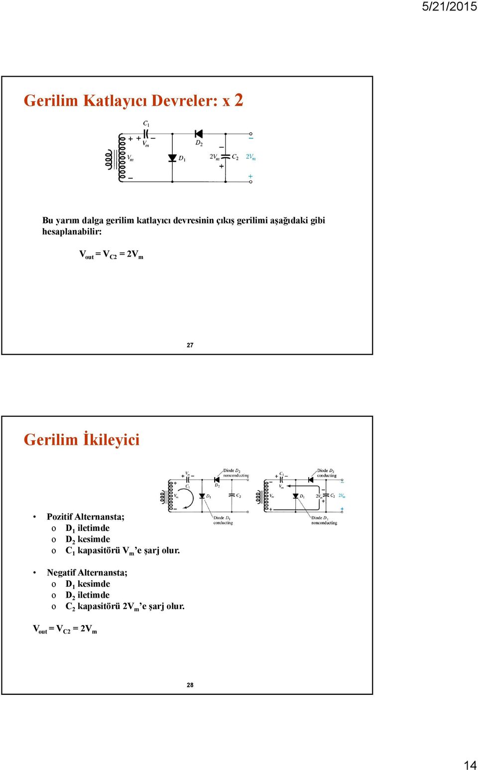 Alternansta; o D 1 iletimde o D 2 kesimde o C 1 kapasitörü V m e şarj olur.