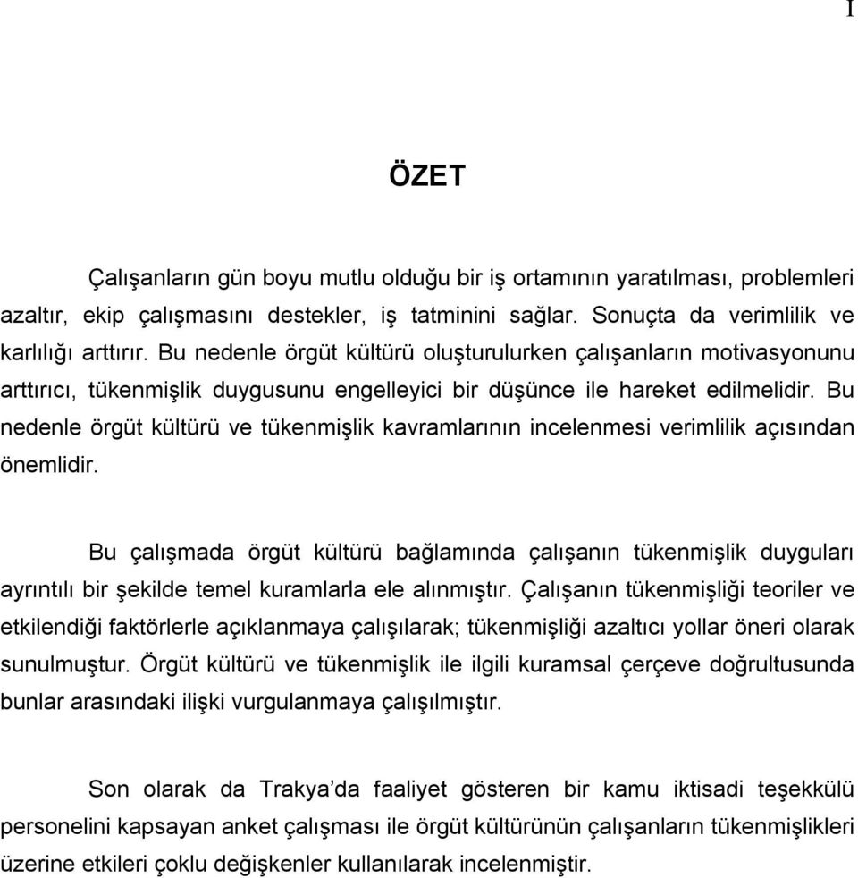 Bu nedenle örgüt kültürü ve tükenmişlik kavramlarının incelenmesi verimlilik açısından önemlidir.