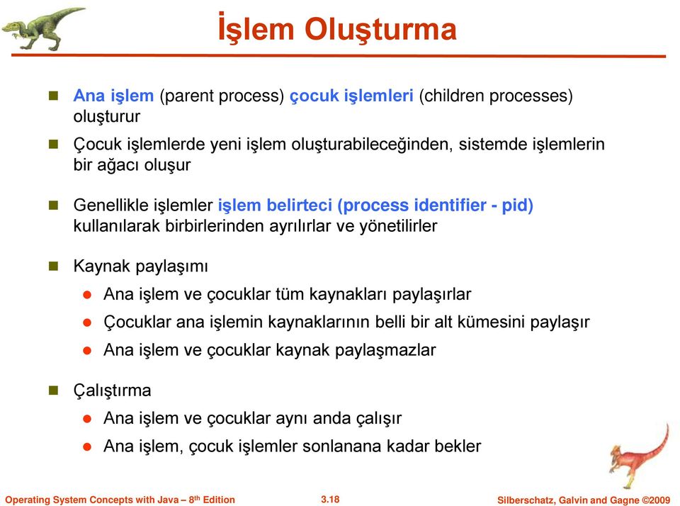 paylaşımı Ana işlem ve çocuklar tüm kaynakları paylaşırlar Çocuklar ana işlemin kaynaklarının belli bir alt kümesini paylaşır Ana işlem ve çocuklar