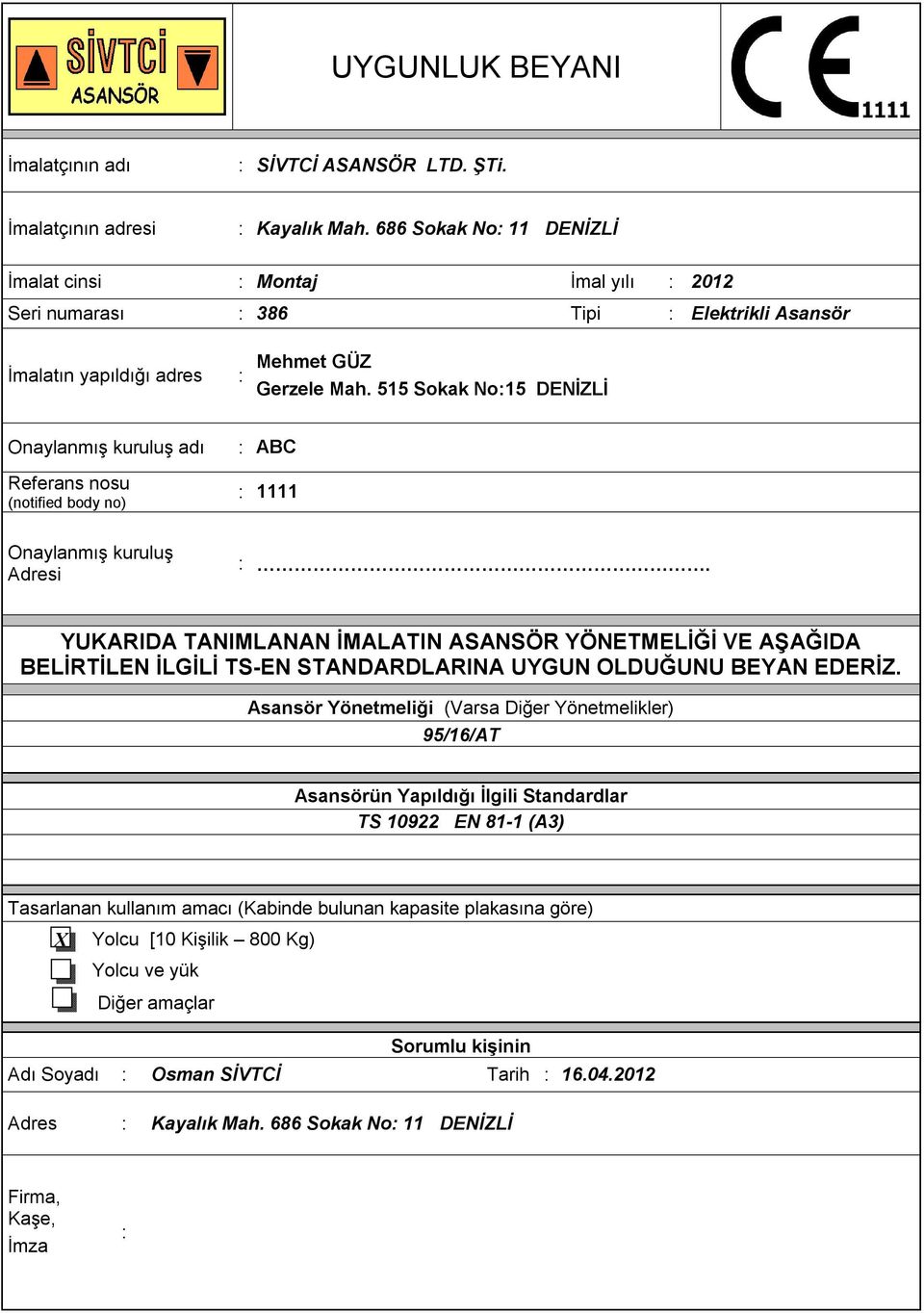 515 Sokak No:15 DENİZLİ Onalanmış kuruluş adı Referans nosu (notified bod no) : ABC : 1111 Onalanmış kuruluş Adresi :.