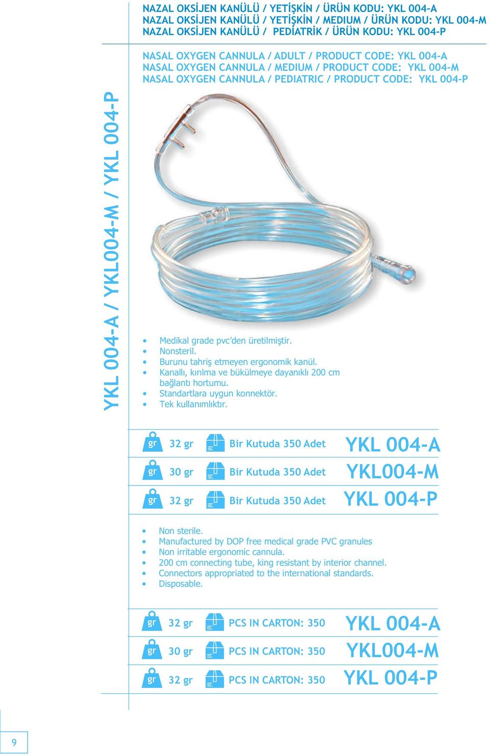 den üretilmiştir. Nonsteril. Burunu tahriş etmeyen ergonomik kanül. Kanallı, kırılma ve bükülmeye dayanıklı 200 cm bağlantı hortumu. Standartlara uygun konnektör. Tek kullanımlıktır.
