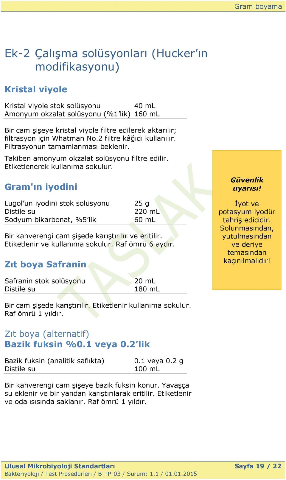 Gram'ın iyodini Lugol un iyodini stok solüsyonu Distile su Sodyum bikarbonat, %5 lik 25 g 220 ml 60 ml Bir kahverengi cam şişede karıştırılır ve eritilir. Etiketlenir ve kullanıma sokulur.