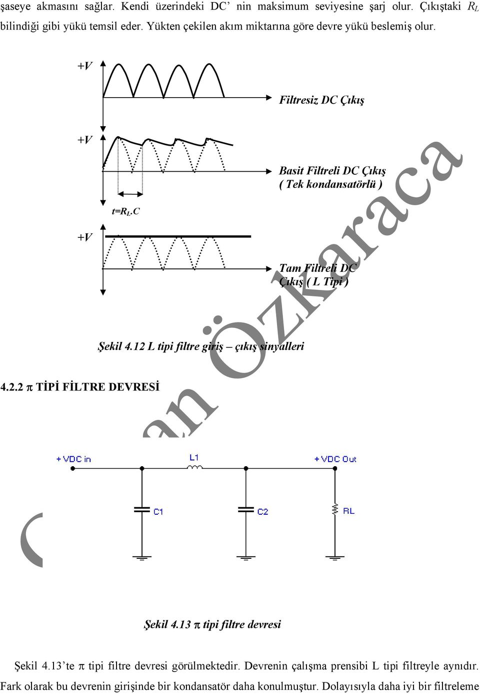 c Basit Filtreli DC Çıkış ( Tek kondansatörlü ) Tam Filtreli DC Çıkış ( Tipi ) Şekil 4.12 tipi filtre giriş çıkış sinyalleri 4.2.2 π TİPİ FİTE DEVESİ Şekil 4.