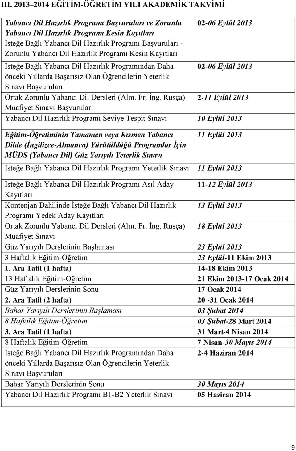 Yeterlik Sınavı Başvuruları Ortak Zorunlu Yabancı Dil Dersleri (Alm. Fr. İng.