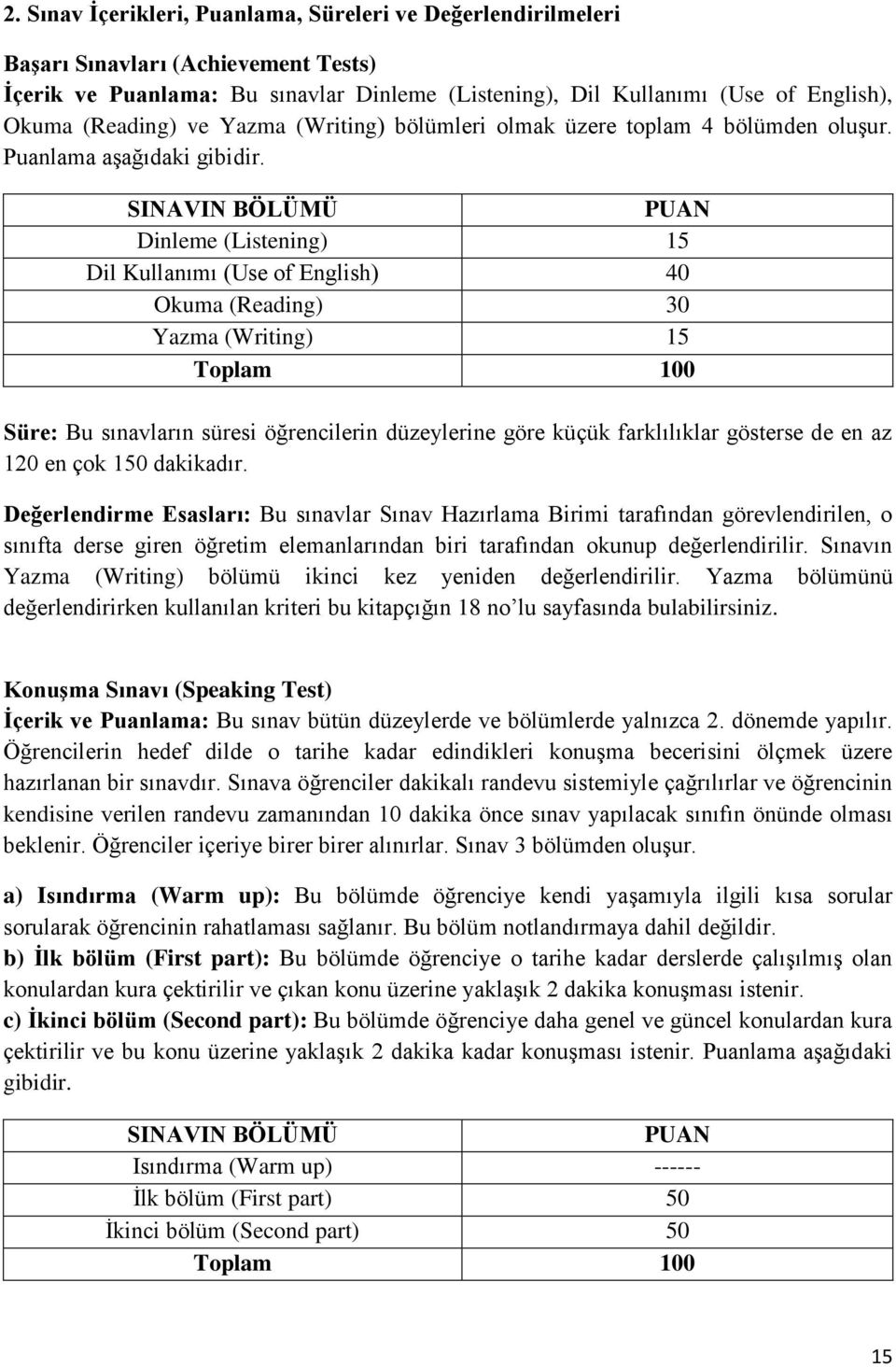 SINAVIN BÖLÜMÜ PUAN Dinleme (Listening) 15 Dil Kullanımı (Use of English) 40 Okuma (Reading) 30 Yazma (Writing) 15 Toplam 100 Süre: Bu sınavların süresi öğrencilerin düzeylerine göre küçük