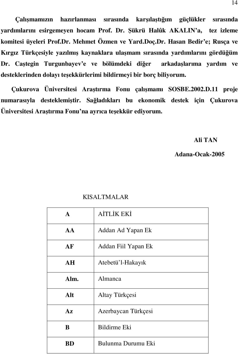 Caştegin Turgunbayev e ve bölümdeki diğer arkadaşlarıma yardım ve desteklerinden dolayı teşekkürlerimi bildirmeyi bir borç biliyorum. Çukurova Üniversitesi Araştırma Fonu çalışmamı SOSBE.2002.D.