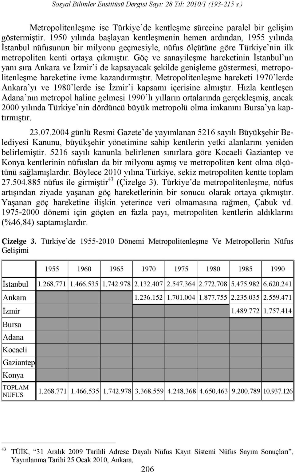 Göç ve sanayileşme hareketinin İstanbul un yanı sıra Ankara ve İzmir i de kapsayacak şekilde genişleme göstermesi, metropolitenleşme hareketine ivme kazandırmıştır.