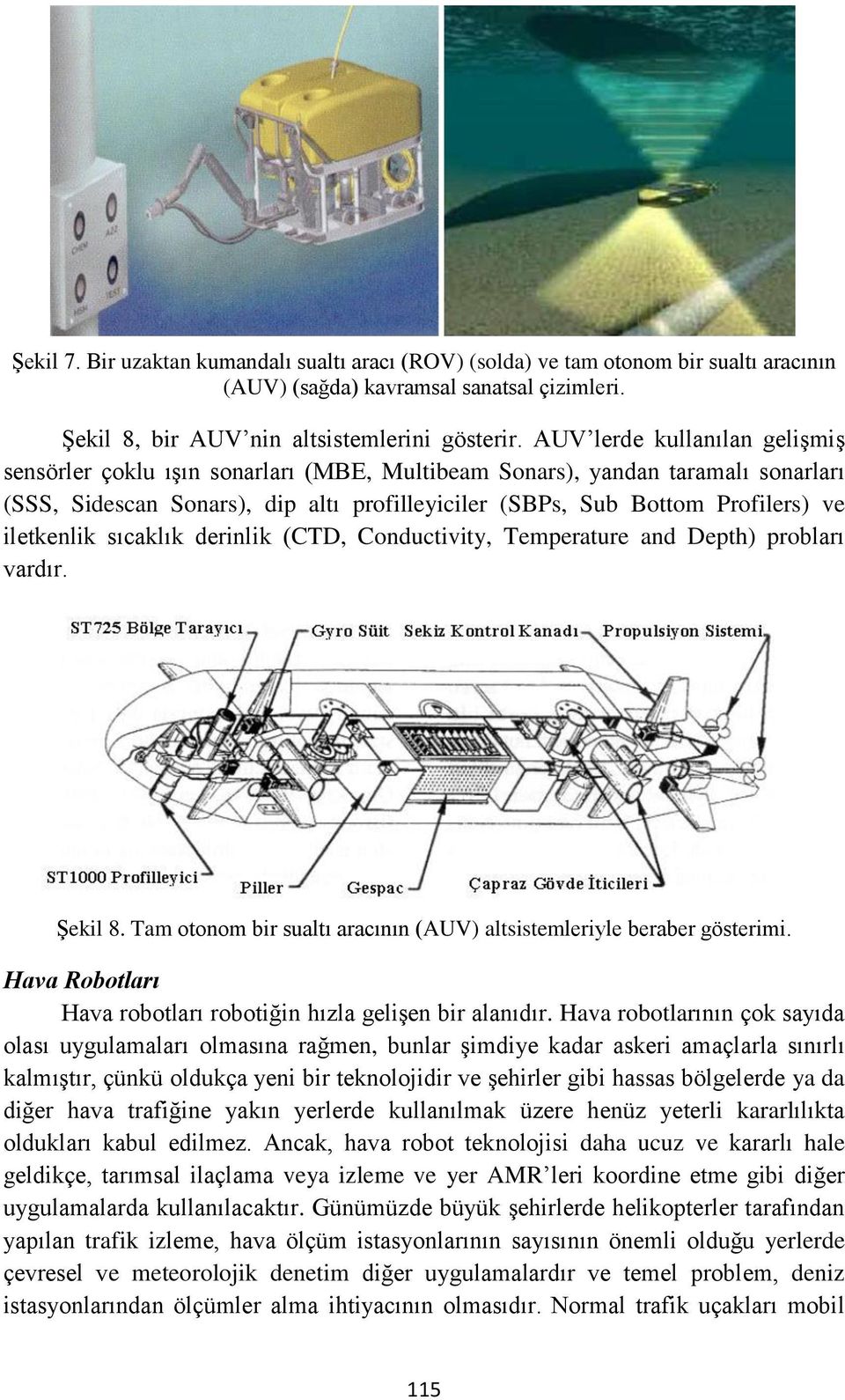 iletkenlik sıcaklık derinlik (CTD, Conductivity, Temperature and Depth) probları vardır. Şekil 8. Tam otonom bir sualtı aracının (AUV) altsistemleriyle beraber gösterimi.