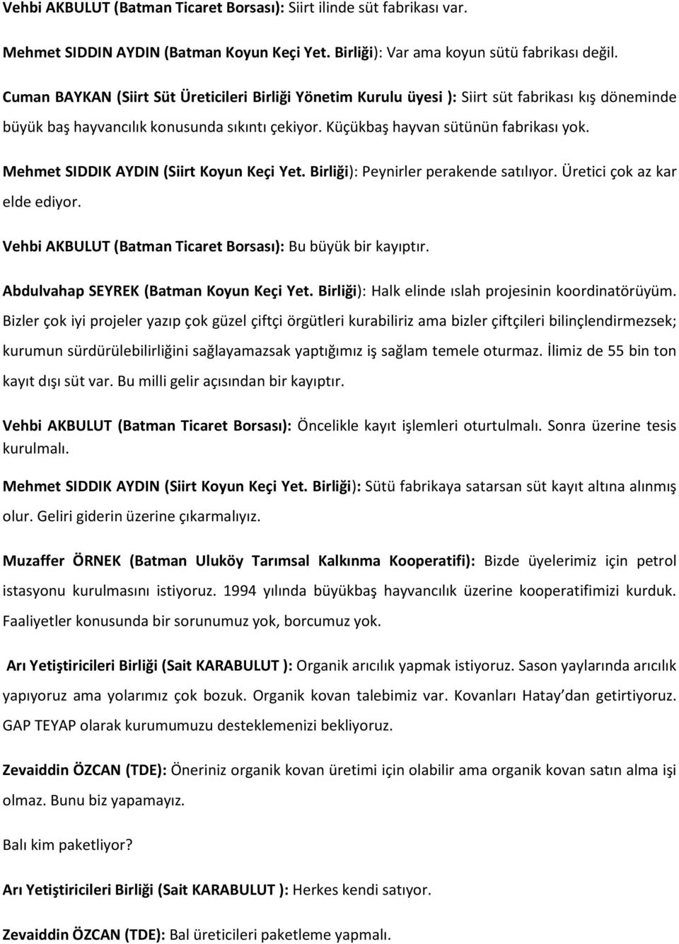 Mehmet SIDDIK AYDIN (Siirt Koyun Keçi Yet. Birliği): Peynirler perakende satılıyor. Üretici çok az kar elde ediyor. Vehbi AKBULUT (Batman Ticaret Borsası): Bu büyük bir kayıptır.