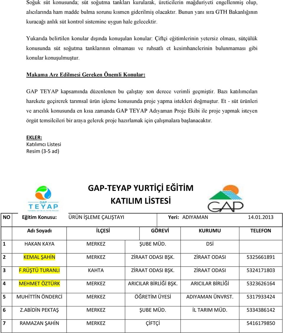 Yukarıda belirtilen konular dışında konuşulan konular: Çiftçi eğitimlerinin yetersiz olması, sütçülük konusunda süt soğutma tanklarının olmaması ve ruhsatlı et kesimhanelerinin bulunmaması gibi