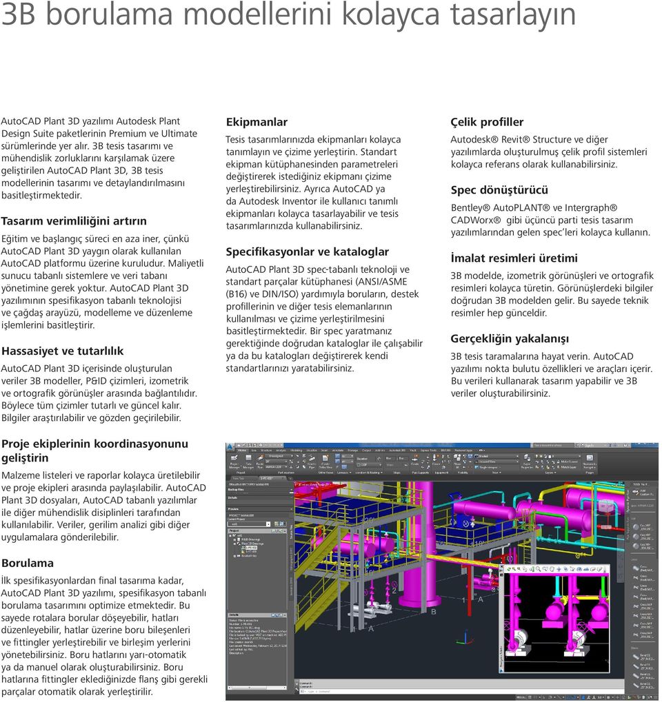 Tasarım verimliliğini artırın Eğitim ve başlangıç süreci en aza iner, çünkü AutoCAD Plant 3D yaygın olarak kullanılan AutoCAD platformu üzerine kuruludur.