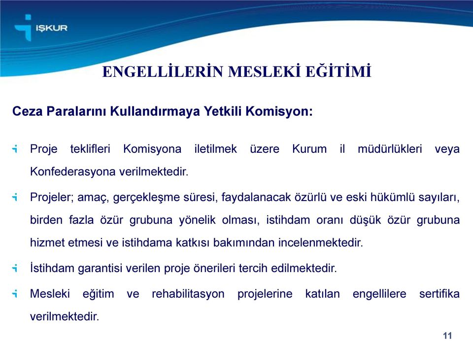 Projeler; amaç, gerçekleşme süresi, faydalanacak özürlü ve eski hükümlü sayıları, birden fazla özür grubuna yönelik olması, istihdam oranı