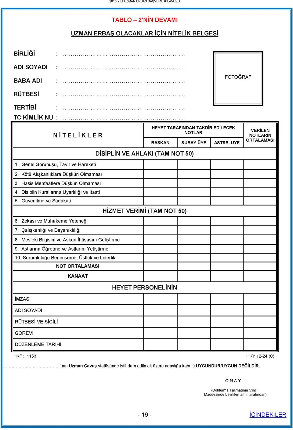 Hasis Menfaatlere Düşkün Olmaması 4. Disiplin Kurallarına Uyarlılığı ve İtaati 5. Güvenilme ve Sadakati 6. Zekası ve Muhakeme Yeteneği 7. Çalışkanlığı ve Dayanıklılığı 8.