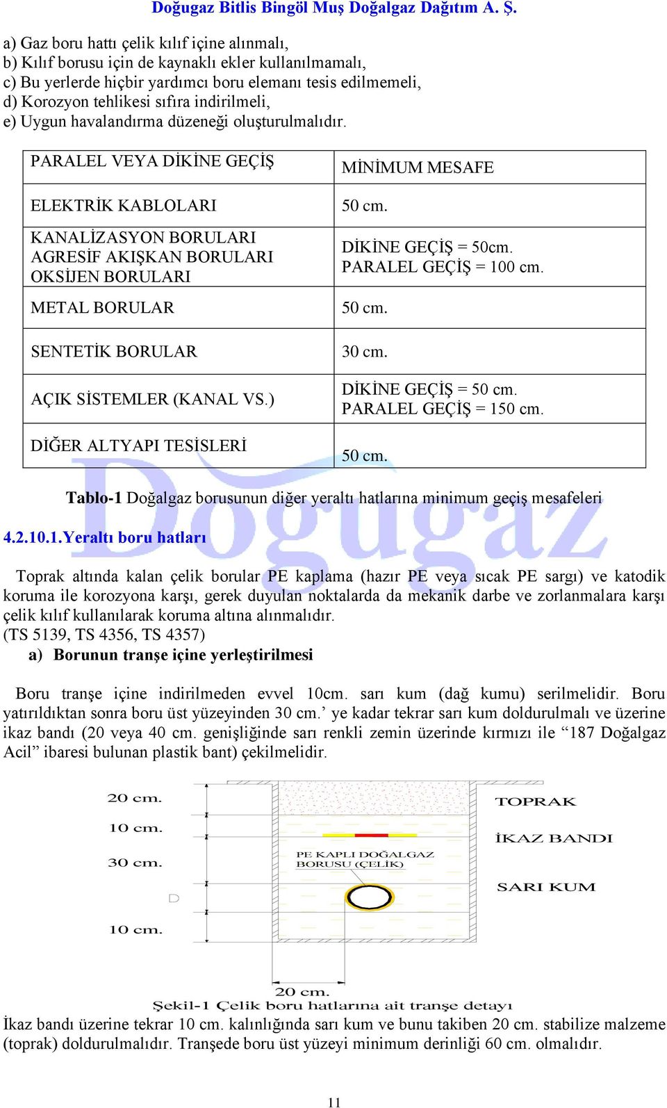 PARALEL VEYA DĠKĠNE GEÇĠġ ELEKTRĠK KABLOLARI KANALĠZASYON BORULARI AGRESĠF AKIġKAN BORULARI OKSĠJEN BORULARI METAL BORULAR SENTETĠK BORULAR AÇIK SĠSTEMLER (KANAL VS.