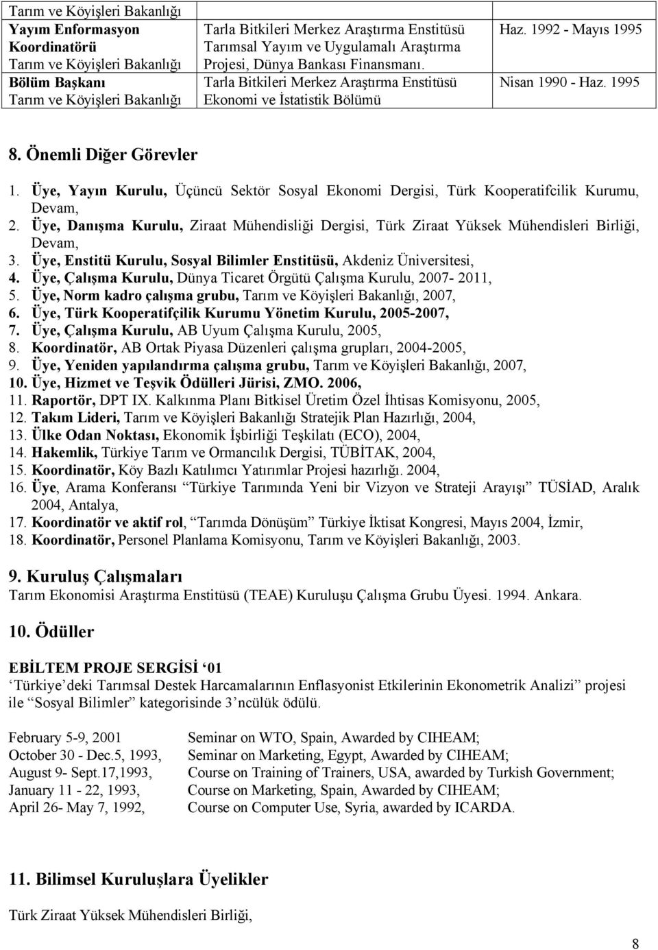 Üye, Yayın Kurulu, Üçüncü Sektör Sosyal Ekonomi Dergisi, Türk Kooperatifcilik Kurumu, Devam, 2. Üye, Danışma Kurulu, Ziraat Mühendisliği Dergisi, Türk Ziraat Yüksek Mühendisleri Birliği, Devam, 3.