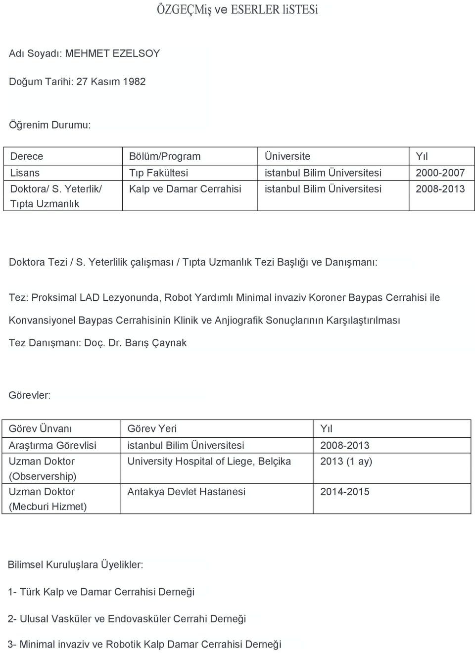 Yeterlilik çalışması / Tıpta Uzmanlık Tezi Başlığı ve Danışmanı: Tez: Proksimal LAD Lezyonunda, Robot Yardımlı Minimal invaziv Koroner Baypas Cerrahisi ile Konvansiyonel Baypas Cerrahisinin Klinik ve