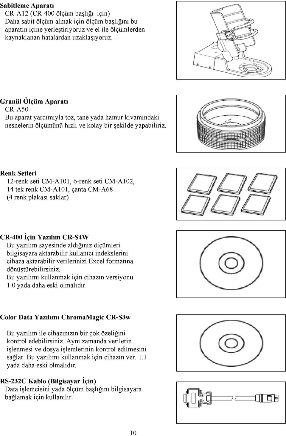 Renk Setleri 12-renk seti CM-A101, 6-renk seti CM-A102, 14 tek renk CM-A101, çanta CM-A68 (4 renk plakası saklar) CR-400 İçin Yazılım CR-S4W Bu yazılım sayesinde aldığınız ölçümleri bilgisayara