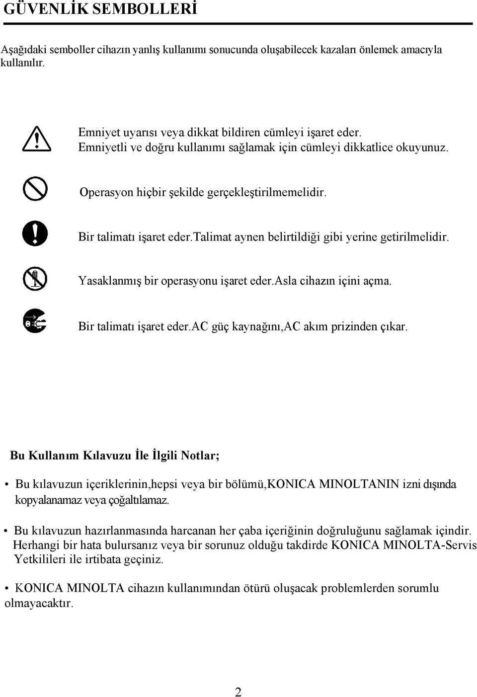 talimat aynen belirtildiği gibi yerine getirilmelidir. Yasaklanmış bir operasyonu işaret eder.asla cihazın içini açma. Bir talimatı işaret eder.ac güç kaynağını,ac akım prizinden çıkar.