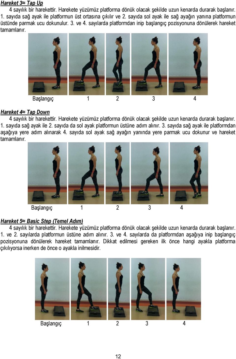 Hareket 4 Tap Down 4 sayılık bir harekettir. Harekete yüzümüz platforma dönük olacak şekilde uzun kenarda durarak başlanır. 1. sayıda sağ ayak ile 2. sayıda da sol ayak platformun üstüne adım alınır.