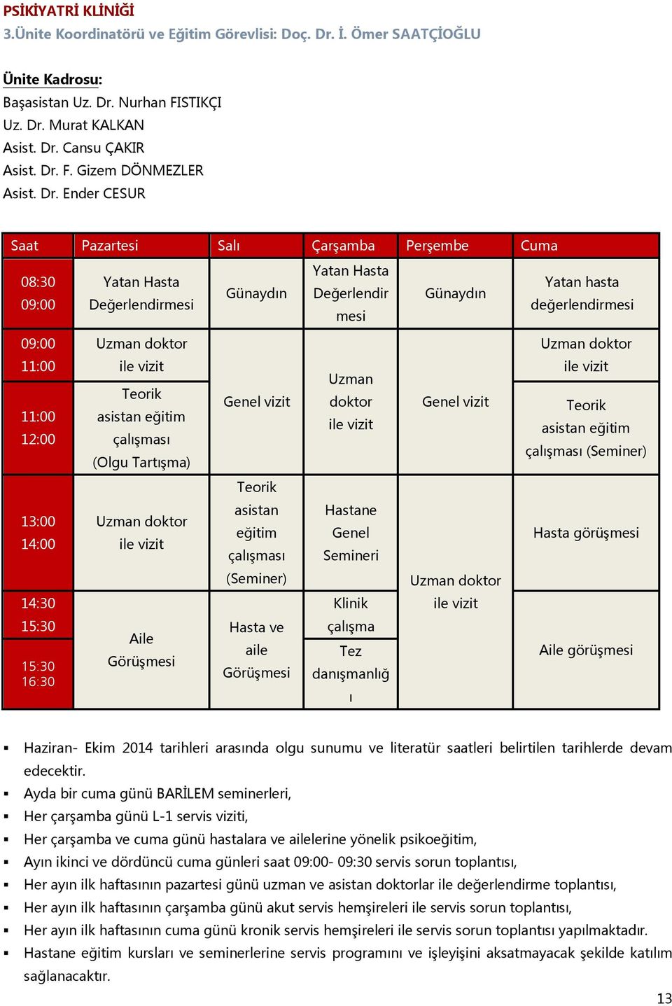 doktor 11:00 11:00 12:00 ile vizit Teorik asistan eğitim çalışması (Olgu Tartışma) Genel vizit Uzman doktor ile vizit Genel vizit ile vizit Teorik asistan eğitim çalışması (Seminer) Teorik 13:00