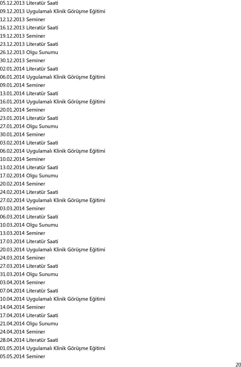 01.2014 Olgu Sunumu 30.01.2014 Seminer 03.02.2014 Literatür Saati 06.02.2014 Uygulamalı Klinik Görüşme Eğitimi 10.02.2014 Seminer 13.02.2014 Literatür Saati 17.02.2014 Olgu Sunumu 20.02.2014 Seminer 24.