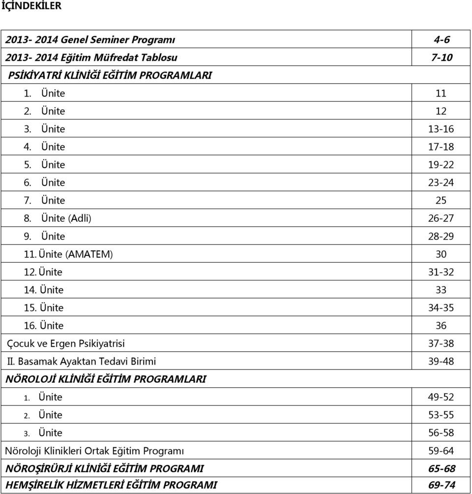 Ünite 33 15. Ünite 34-35 16. Ünite 36 Çocuk ve Ergen Psikiyatrisi 37-38 II. Basamak Ayaktan Tedavi Birimi 39-48 NÖROLOJİ KLİNİĞİ EĞİTİM PROGRAMLARI 1.