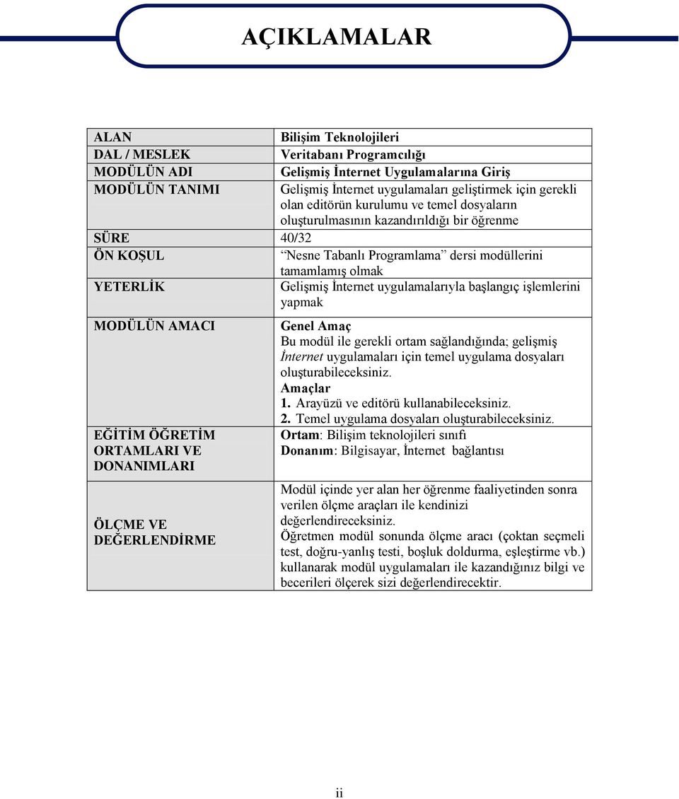 SÜRE 40/32 ÖN KOŞUL Nesne Tabanlı Programlama dersi modüllerini tamamlamış olmak YETERLİK Gelişmiş İnternet uygulamalarıyla başlangıç işlemlerini yapmak MODÜLÜN AMACI EĞİTİM ÖĞRETİM ORTAMLARI VE