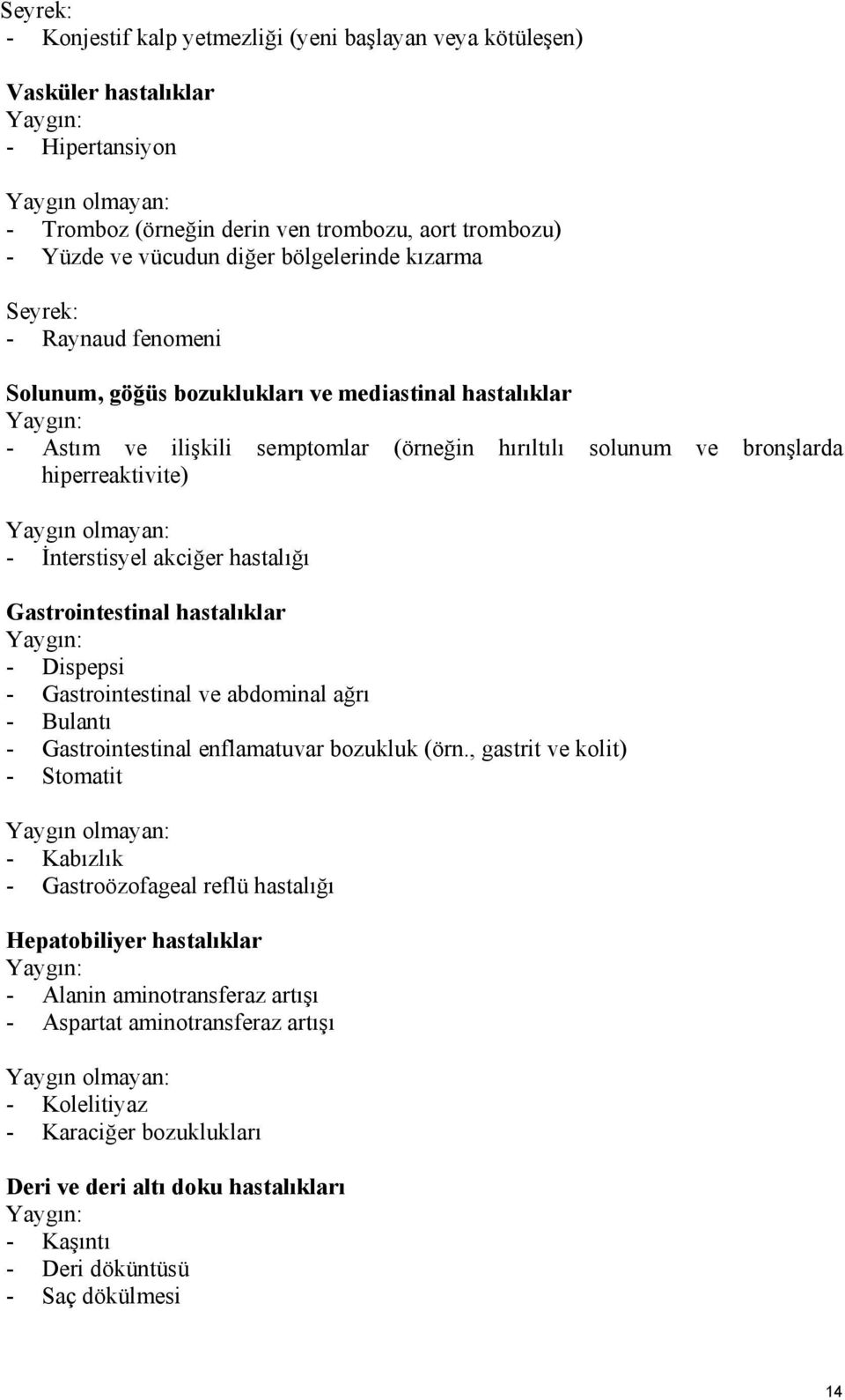 hiperreaktivite) Yaygın olmayan: - İnterstisyel akciğer hastalığı Gastrointestinal hastalıklar Yaygın: - Dispepsi - Gastrointestinal ve abdominal ağrı - Bulantı - Gastrointestinal enflamatuvar