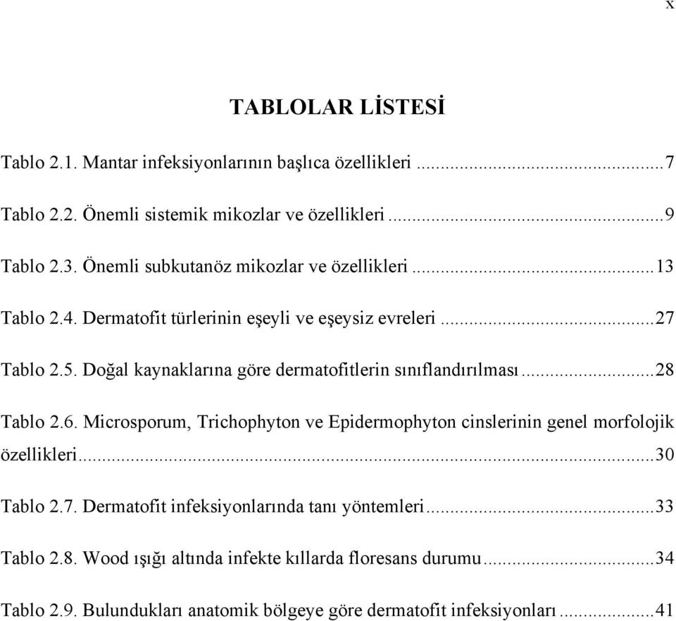 Doğal kaynaklarına göre dermatofitlerin sınıflandırılması... 28 Tablo 2.6. Microsporum, Trichophyton ve Epidermophyton cinslerinin genel morfolojik özellikleri.