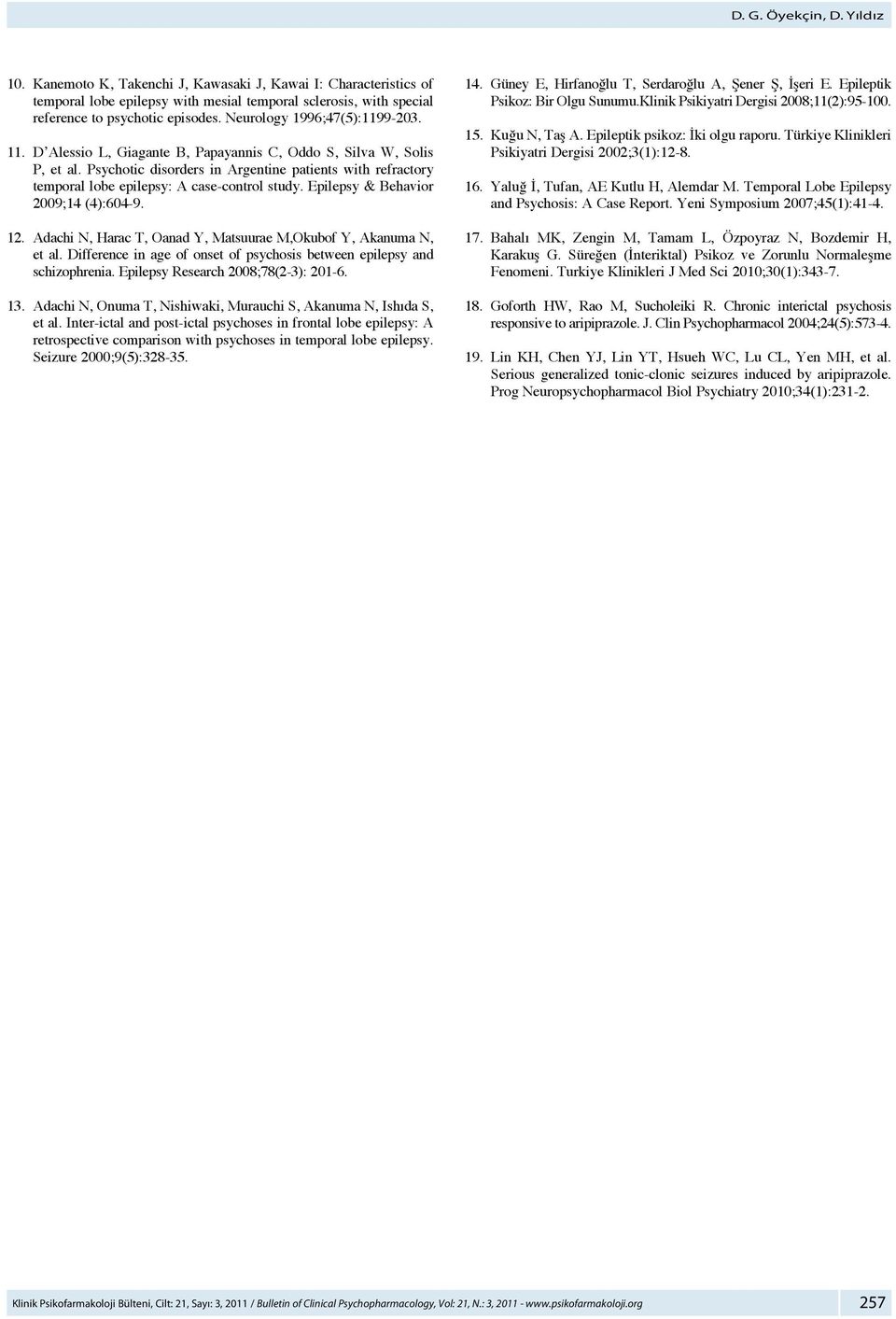 Psychotic disorders in Argentine patients with refractory temporal lobe epilepsy: A case-control study. Epilepsy & Behavior 2009;14 (4):604-9. 12.