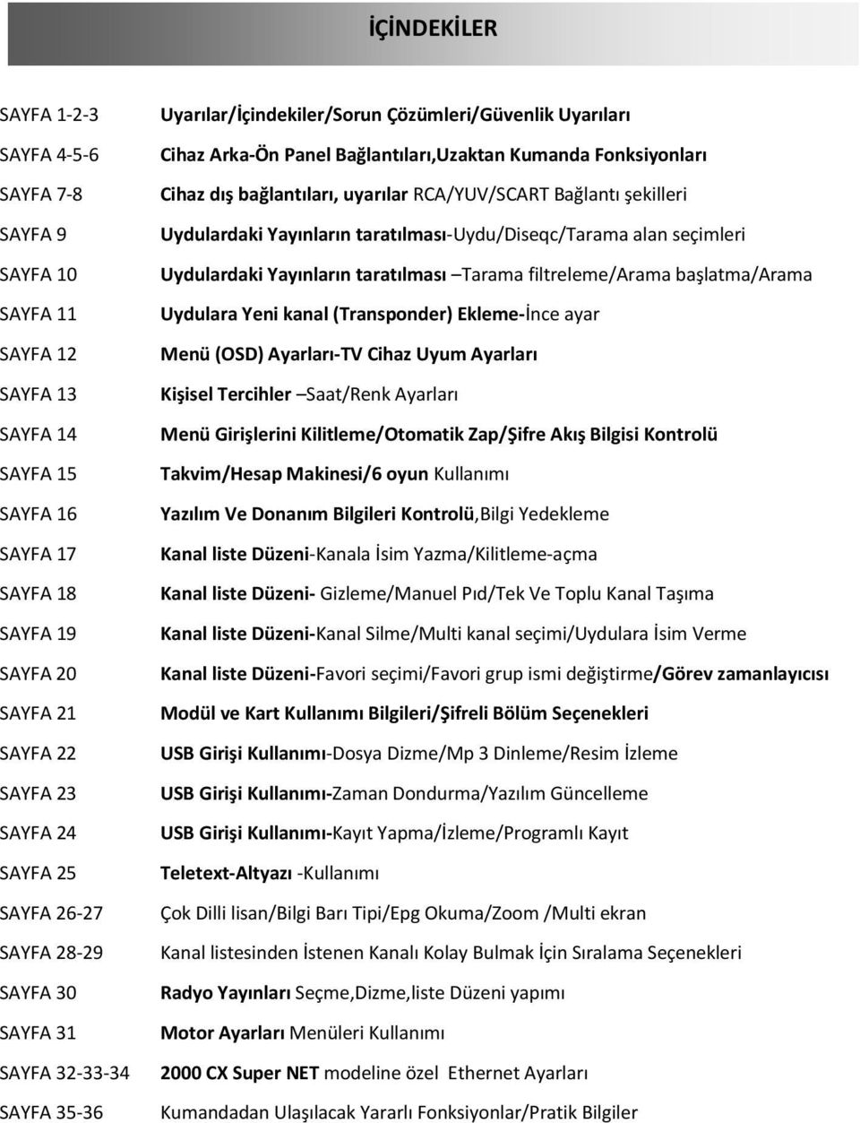 bağlantıları, uyarılar RCA/YUV/SCART Bağlantı şekilleri Uydulardaki Yayınların taratılması-uydu/diseqc/tarama alan seçimleri Uydulardaki Yayınların taratılması Tarama filtreleme/arama başlatma/arama