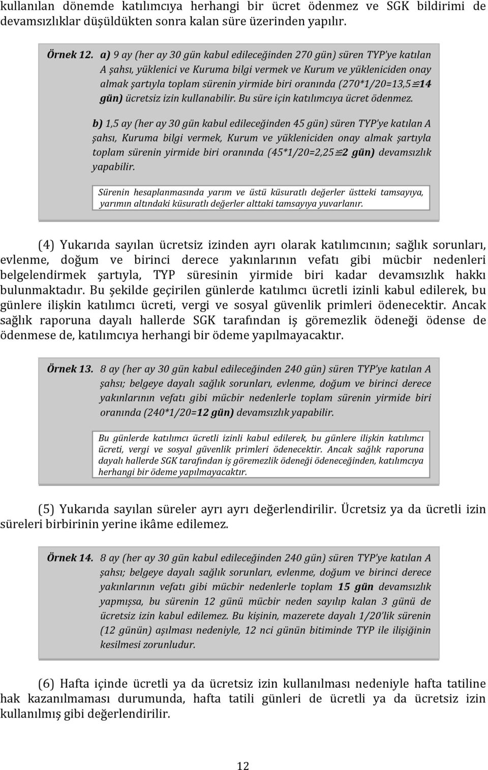 (270*1/20=13,5 14 gün) ücretsiz izin kullanabilir. Bu süre için katılımcıya ücret ödenmez.