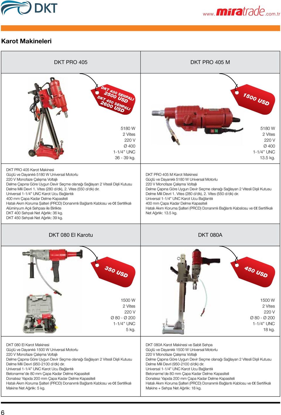 Vites (280 d/dk), 2. Vites (550 d/dk) dır. 400 mm Çapa Kadar Delme Kapasiteli Alüminyum Açılı Sehpası ile Birlikte DKT 400 Sehpalı Net Ağırlık: 36 kg. DKT 450 Sehpalı Net Ağırlık: 39 kg.