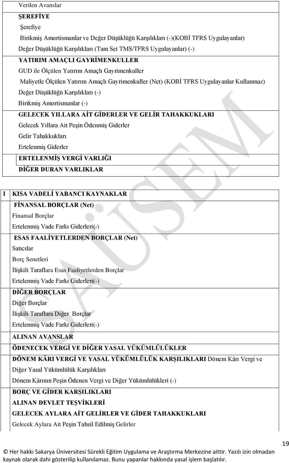 Amortismanlar (-) GELECEK YILLARA AİT GİDERLER VE GELİR TAHAKKUKLARI Gelecek Yıllara Ait Peşin Ödenmiş Giderler Gelir Tahakkukları Ertelenmiş Giderler ERTELENMİŞ VERGİ VARLIĞI DİĞER DURAN VARLIKLAR I