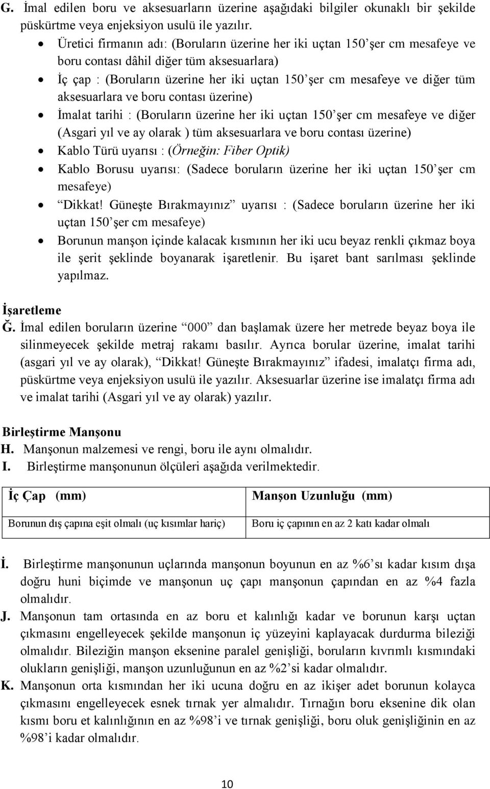 aksesuarlara ve boru contası üzerine) İmalat tarihi : (Boruların üzerine her iki uçtan 150 şer cm mesafeye ve diğer (Asgari yıl ve ay olarak ) tüm aksesuarlara ve boru contası üzerine) Kablo Türü