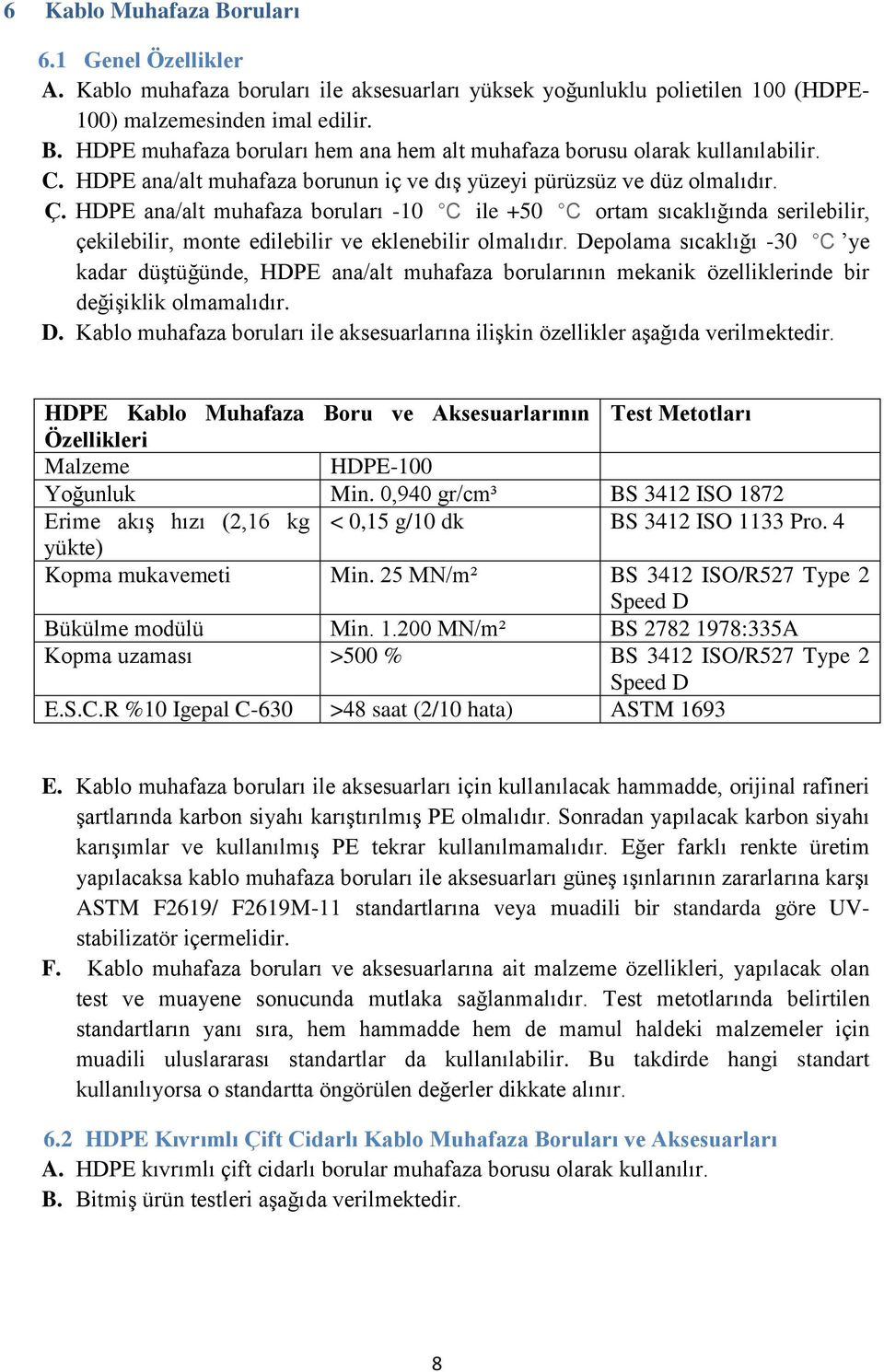 HDPE ana/alt muhafaza boruları -10 C ile +50 C ortam sıcaklığında serilebilir, çekilebilir, monte edilebilir ve eklenebilir olmalıdır.