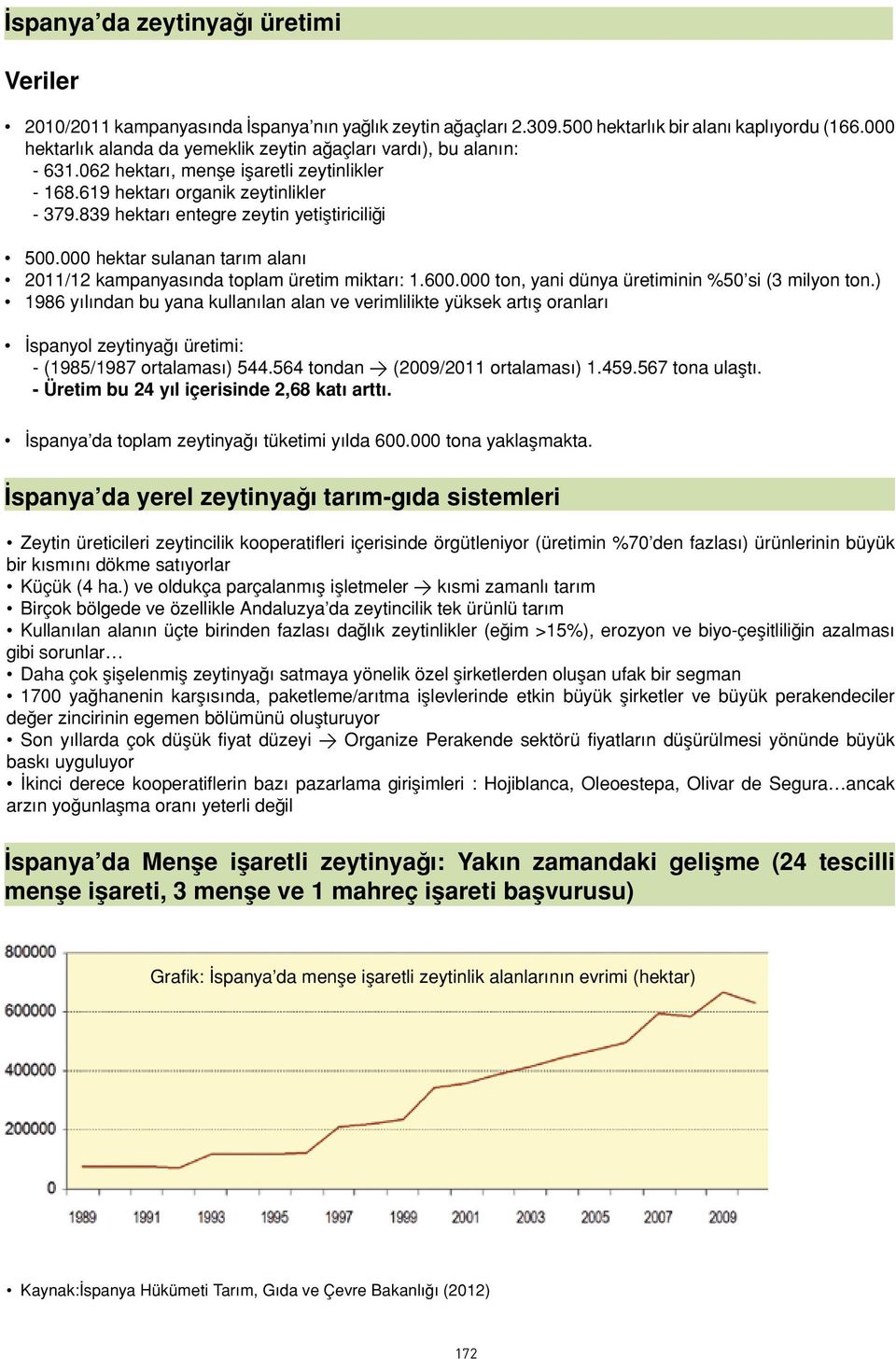 839 hektarı entegre zeytin yetiştiriciliği 500.000 hektar sulanan tarım alanı 2011/12 kampanyasında toplam üretim miktarı: 1.600.000 ton, yani dünya üretiminin %50 si (3 milyon ton.