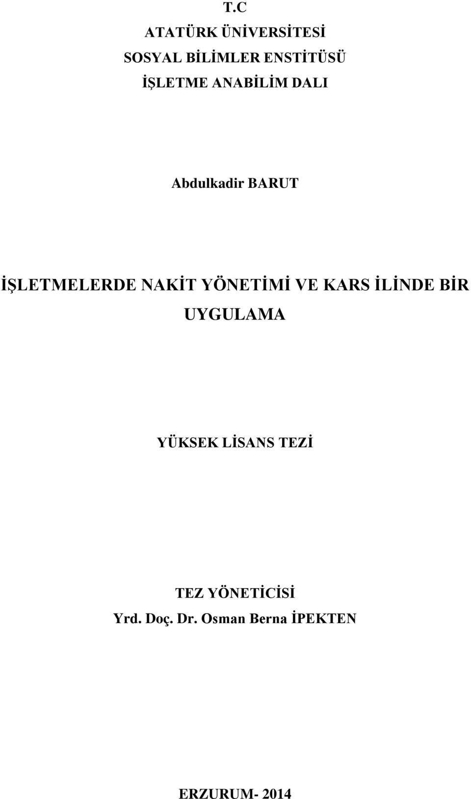 NAKİT YÖNETİMİ VE KARS İLİNDE BİR UYGULAMA YÜKSEK LİSANS