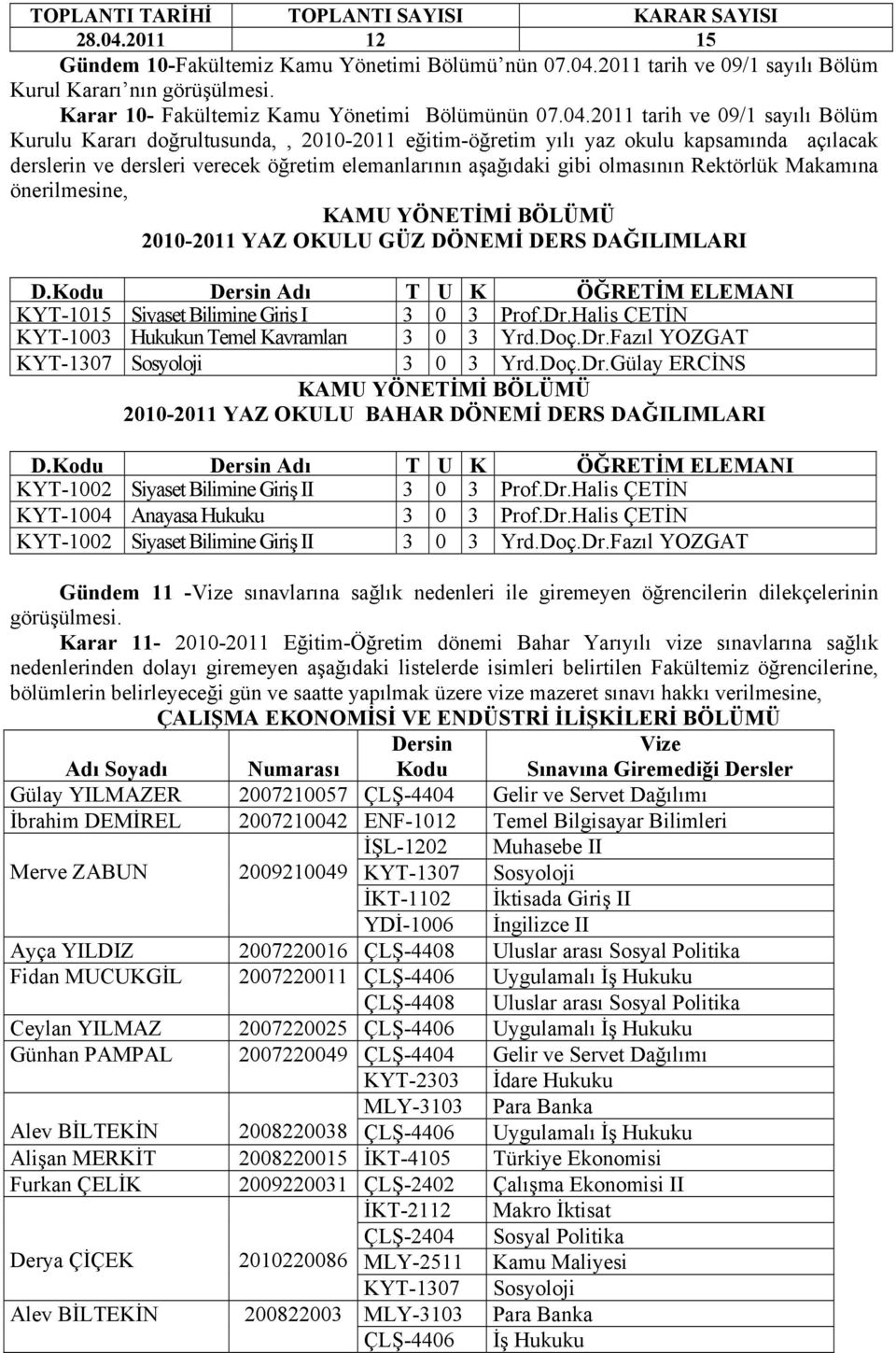 2011 tarih ve 09/1 sayılı Bölüm Kurulu Kararı doğrultusunda,, 2010-2011 eğitim-öğretim yılı yaz okulu kapsamında açılacak derslerin ve dersleri verecek öğretim elemanlarının aşağıdaki gibi olmasının