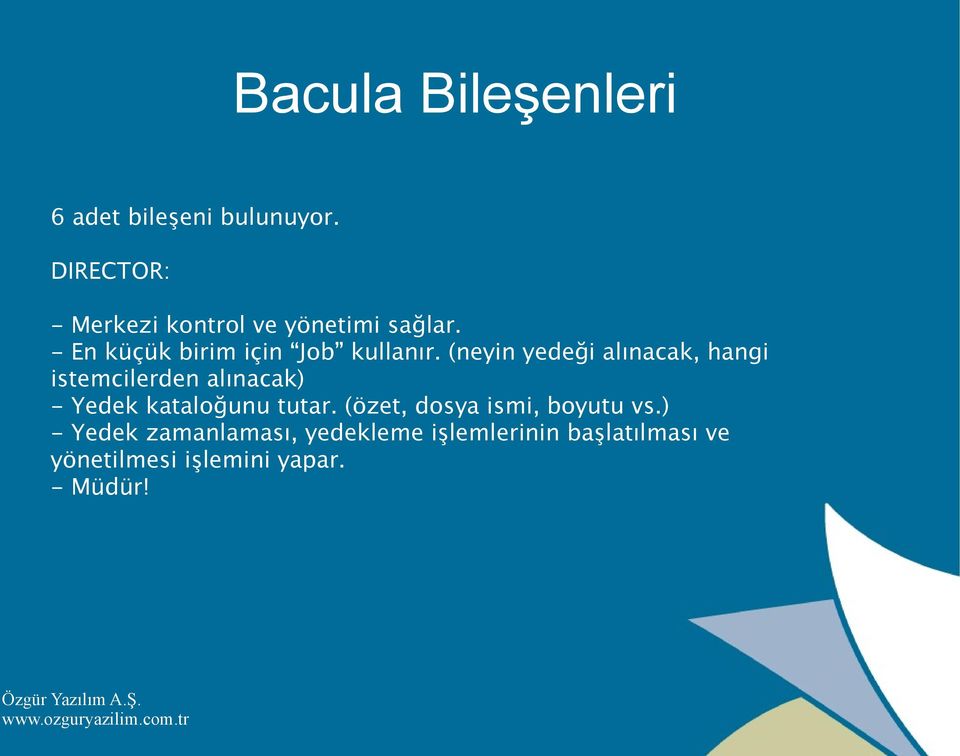 (neyin yedeği alınacak, hangi istemcilerden alınacak) - Yedek kataloğunu tutar.